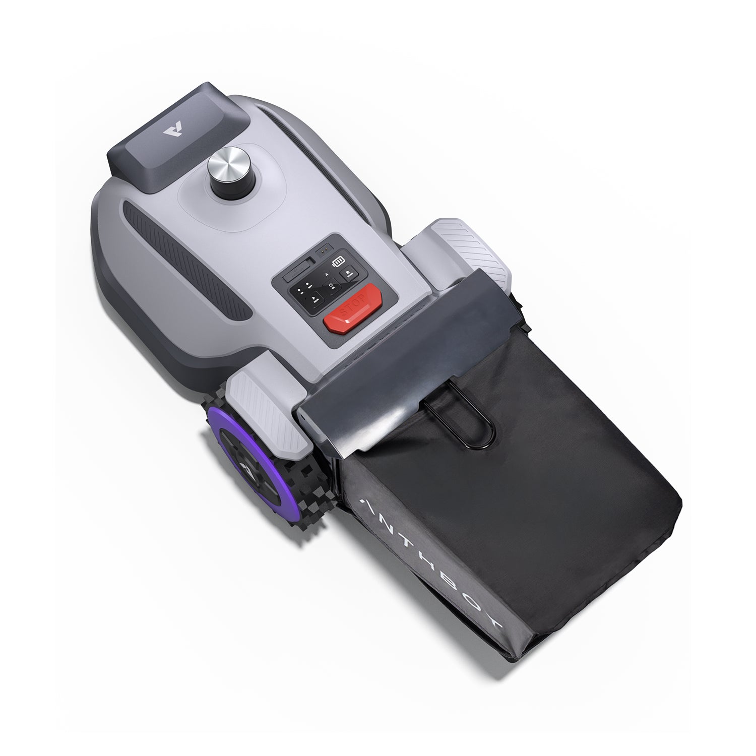 Schrägansicht des ANTHBOT N8 LiDAR mit 360°-LiDAR-Modul, Bedienfeld und Grasfangkorb,products