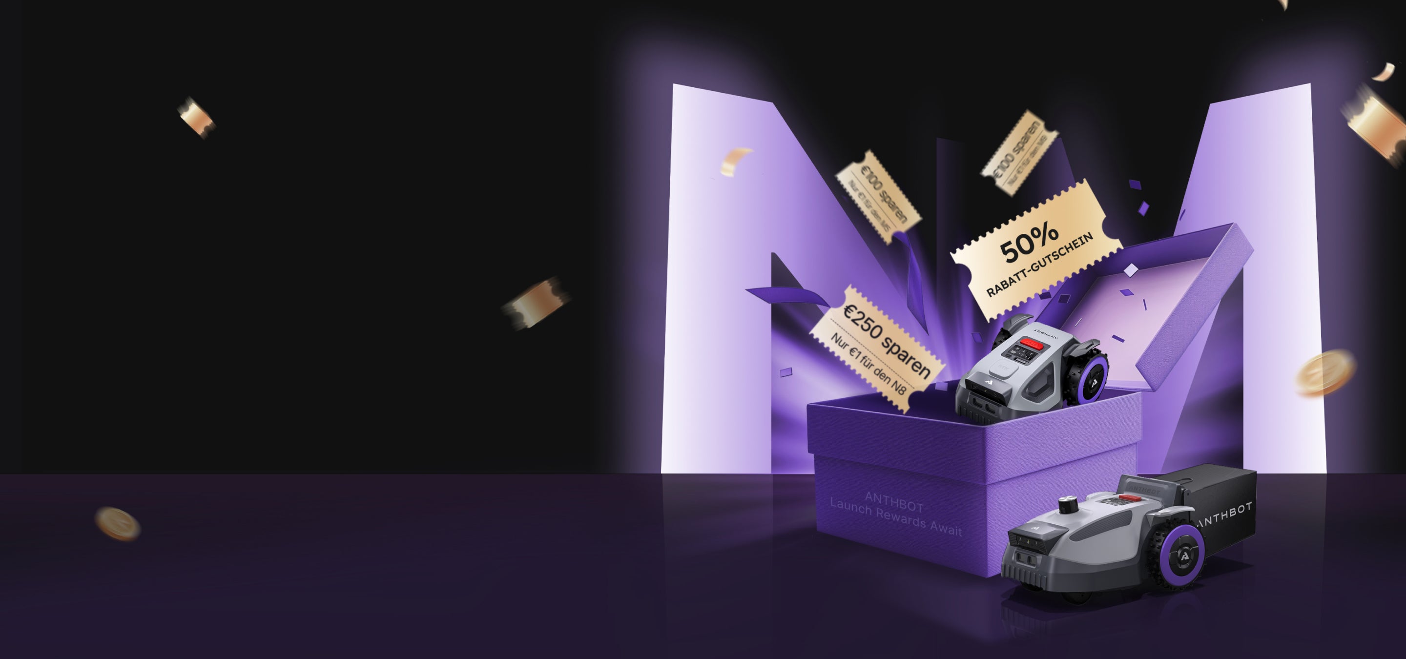 Werbe-Layout für ANTHBOT Mähroboter mit Rabatt-Gutscheinen und Launch-Prämien.