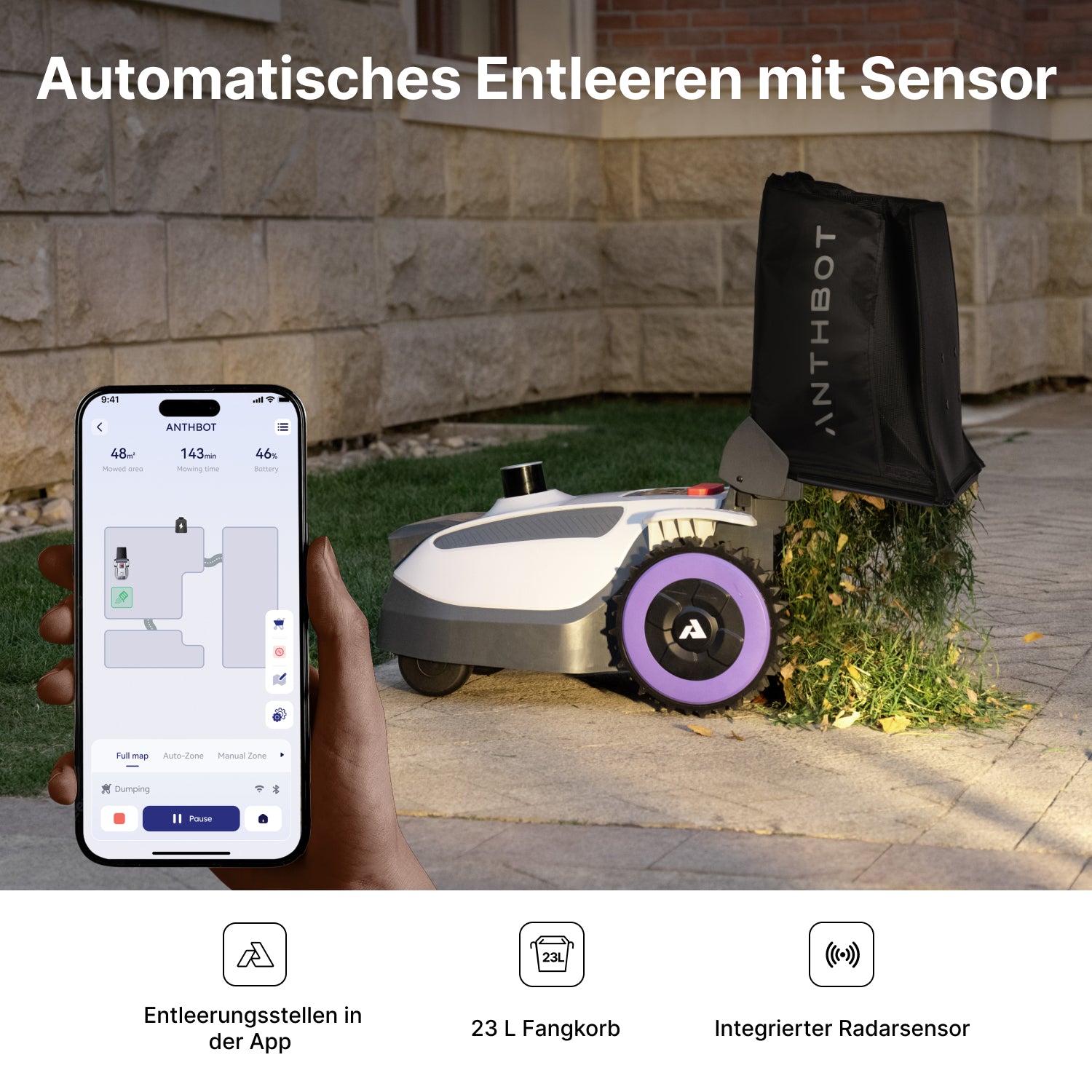 ANTHBOT N8 LiDAR mit App-Steuerung und 23-L-Fangkorb beim automatischen Entleeren der Schnittreste an der Entleerungsstation,scene