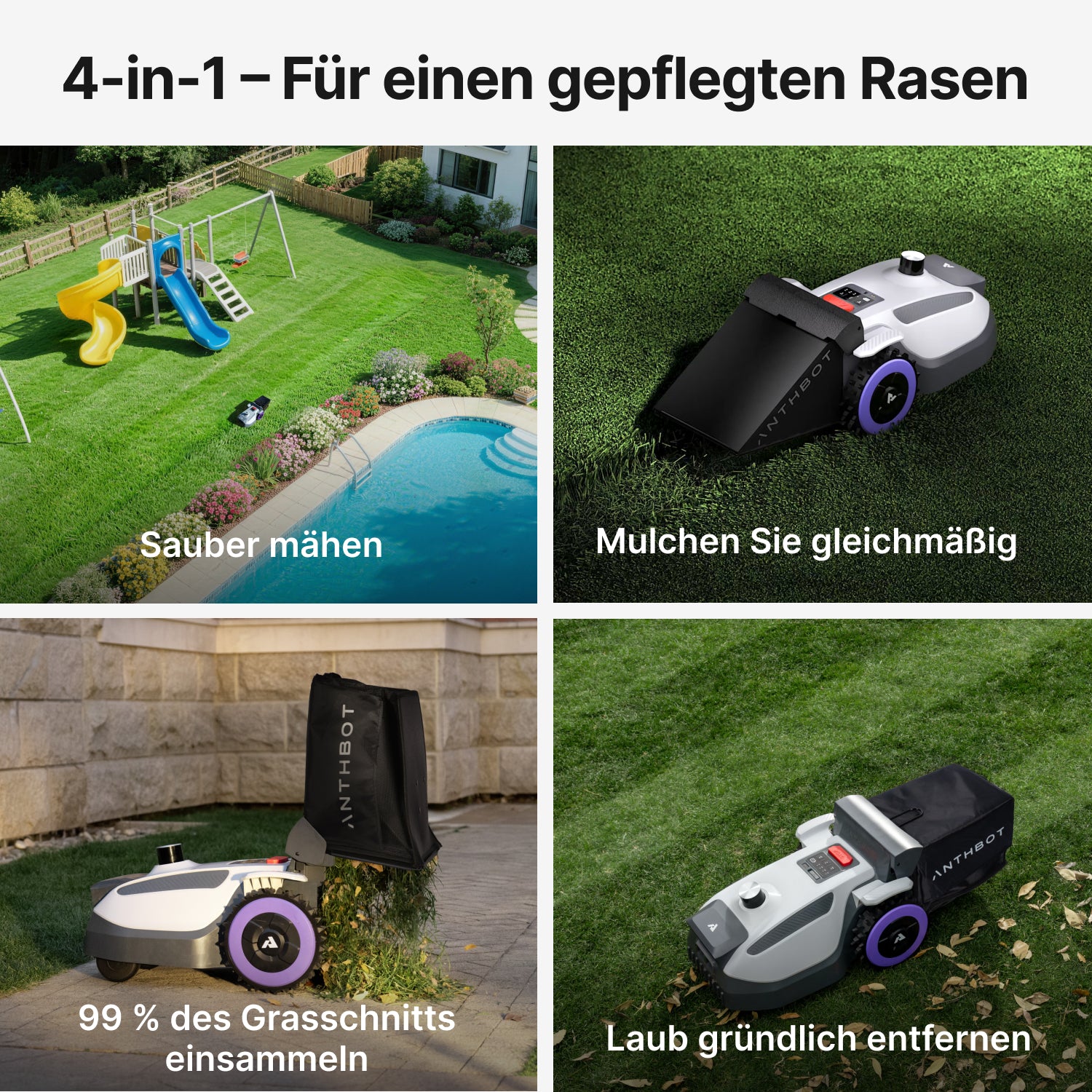 4-in-1-Übersicht des ANTHBOT N8 LiDAR beim Mähen, Mulchen, Grasschnitt einsammeln und Laub gründlich entfernen,scene