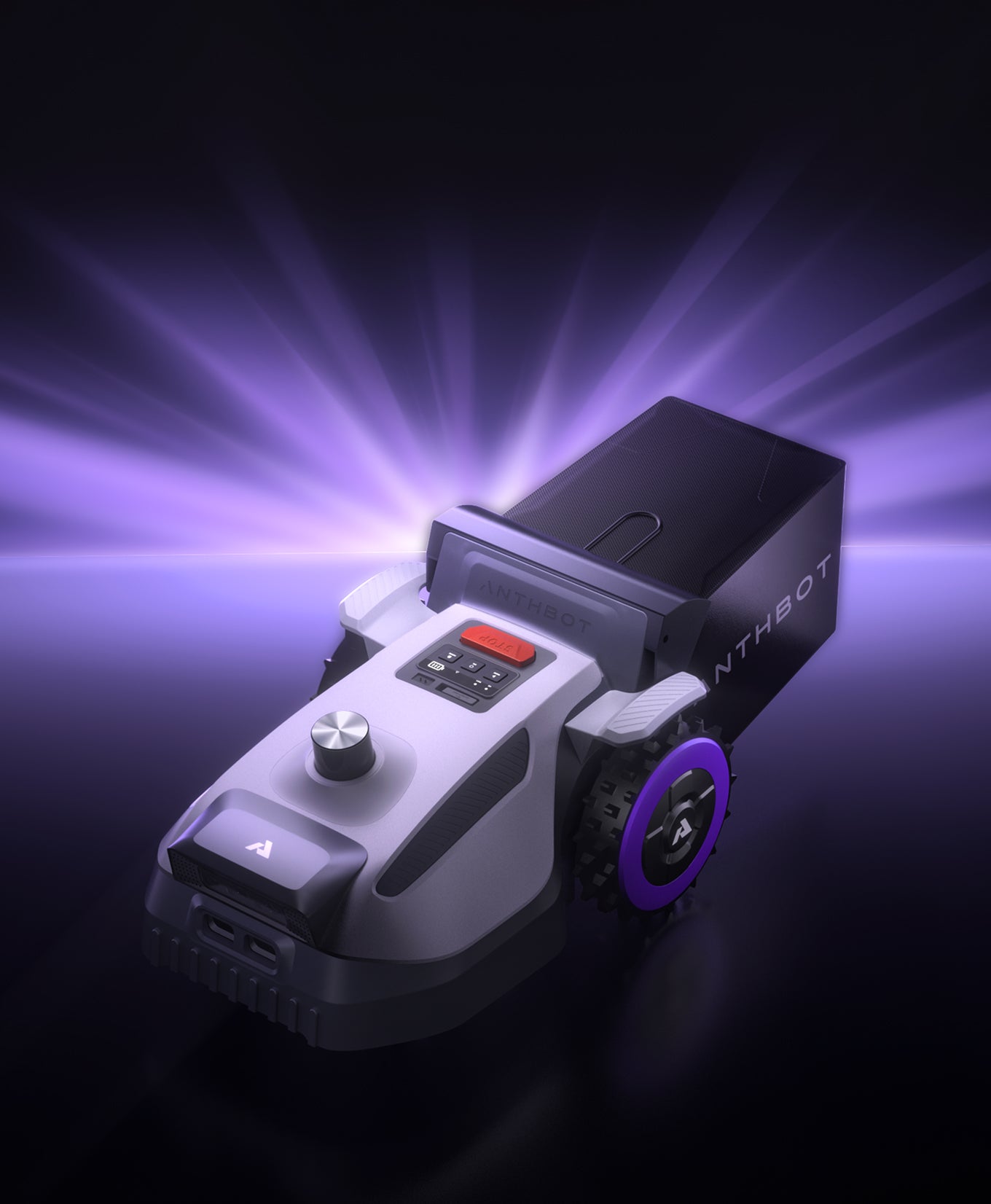 N8 LiDAR smarter Mähroboter in strahlend lilafarbenem Glanz, betont durch das LiDAR-Modul und das Design des Heckbehälters.