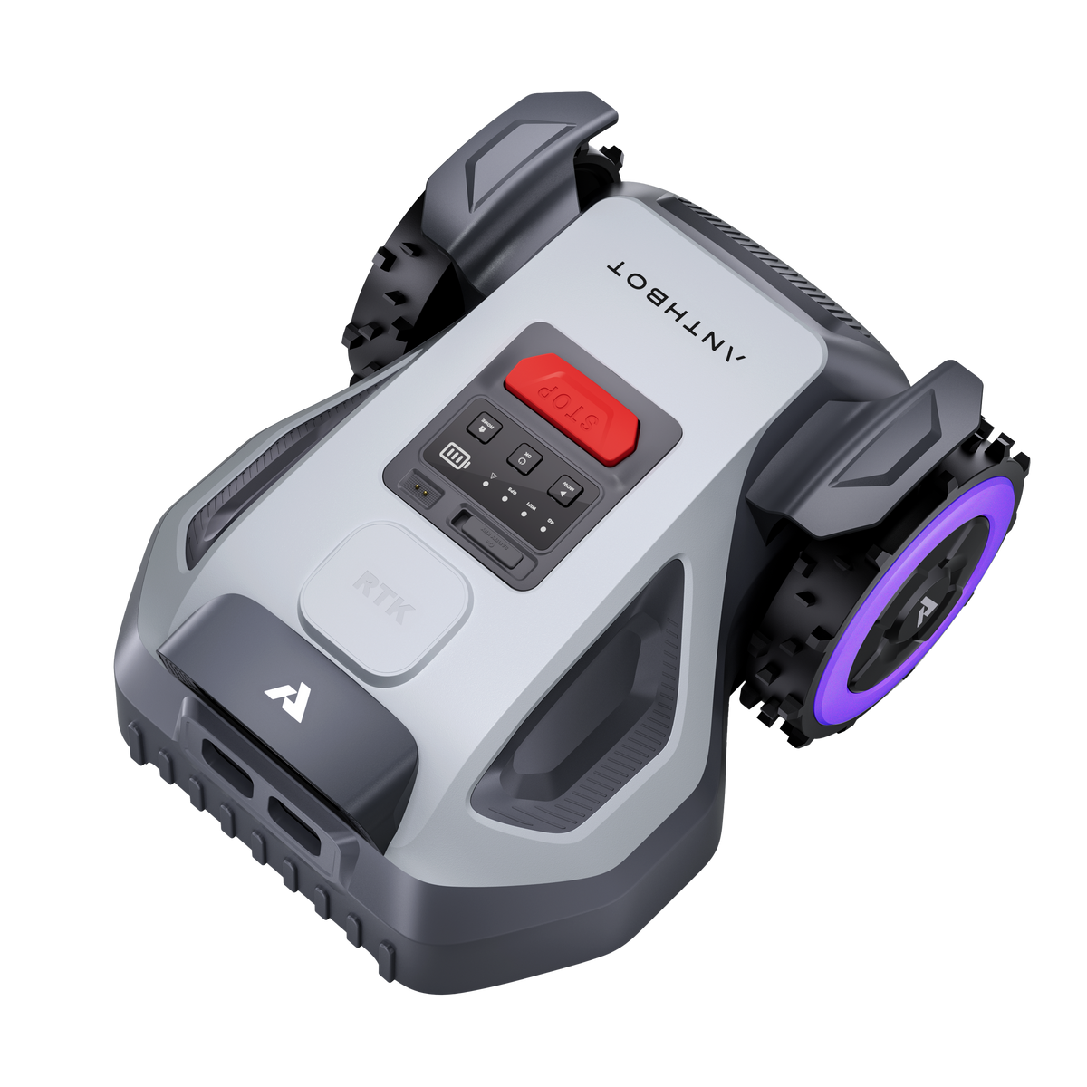 ANTHBOT M5: Lohnt sich der kabellose Mähroboter? Natur Allianz Frontansicht des ANTHBOT M5 Mähroboters mit rotem Not-Aus-Knopf und Bedienfeld