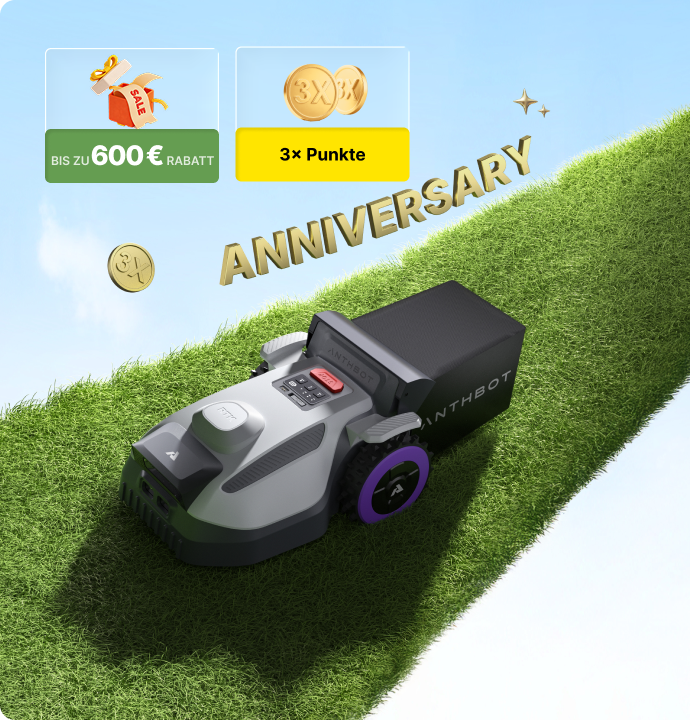 ANTHBOT N8 Mähroboter auf einem Rasenweg mit Jubiläumsschriftzug, Rabatten bis zu 600 € und 3-fachen Punkten.
