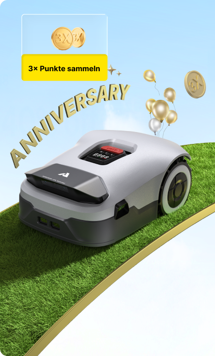 ANTHBOT Genie 1000 auf einem geschwungenen Rasenweg mit Jubiläumsschriftzug, Ballons und einem Angebot für 3-fache Punkte.