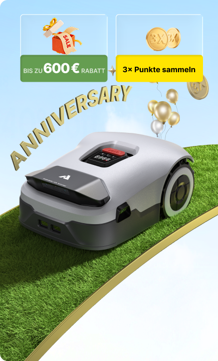 ANTHBOT Genie 3000 auf einem geschwungenen Rasenweg mit Jubiläumsschriftzug, Ballons, Rabatten bis zu 600 € und 3-fachen Punkten.