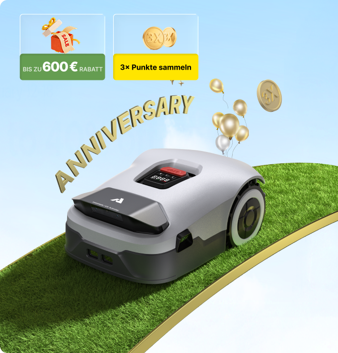 ANTHBOT Genie 600 auf einem geschwungenen Rasenweg mit Jubiläumsschriftzug, Ballons sowie Angeboten mit bis zu 600 € Rabatt und 3-fachen Punkten.