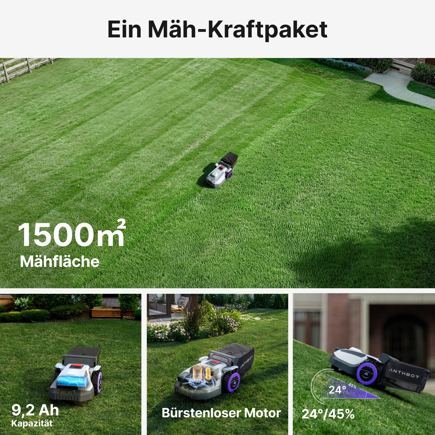 ANTHBOT N8 Rasenroboter auf großer Rasenfläche mit bis zu 1.500 m² Leistung, 9,2-Ah-Akku, bürstenlosem Motor und Steigfähigkeit mit Fangkorb,scene