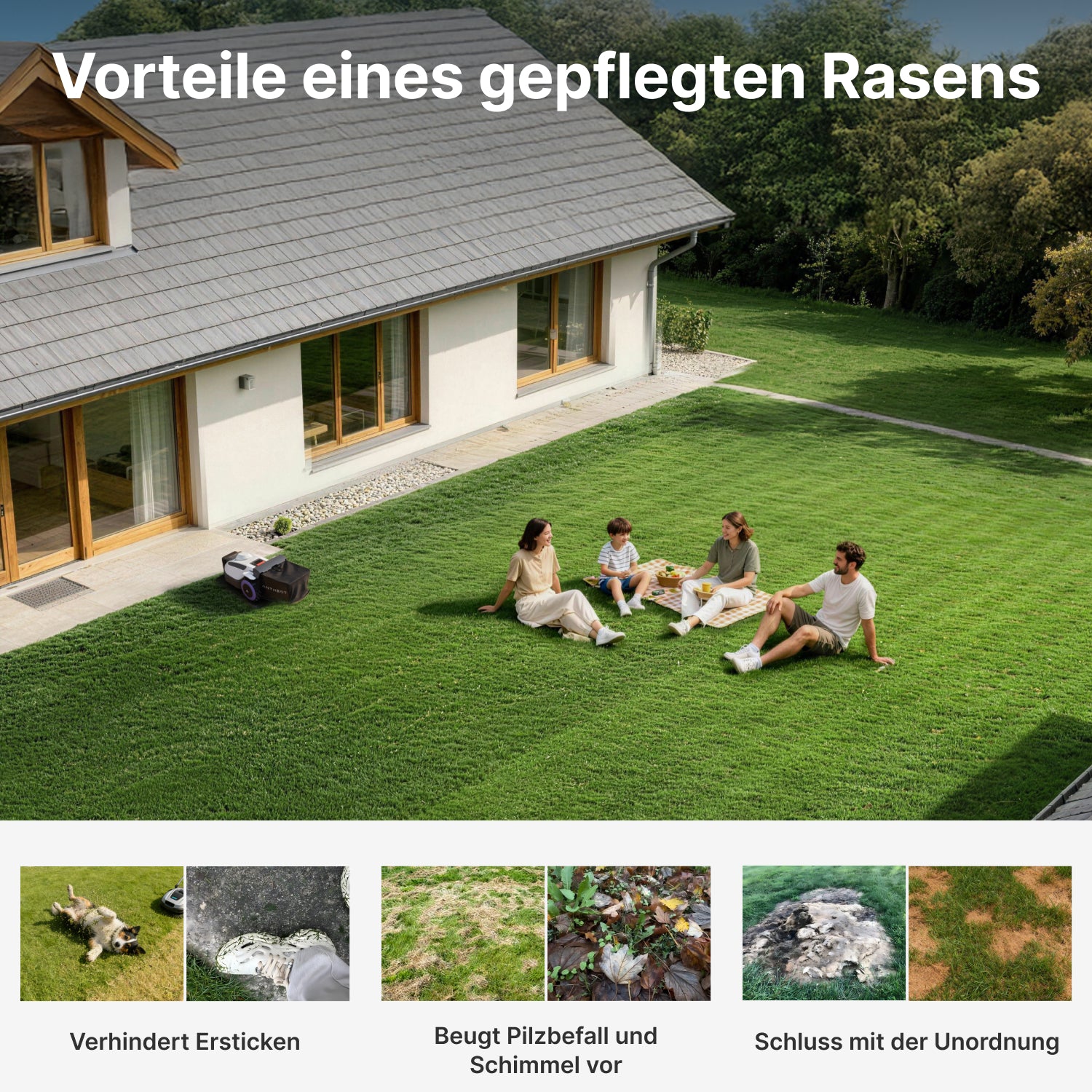 ANTHBOT N8 sorgt für einen gepflegten Familienrasen, verhindert liegengebliebenen Grasschnitt, reduziert Unordnung und unterstützt einen gesunden Garten,scene
