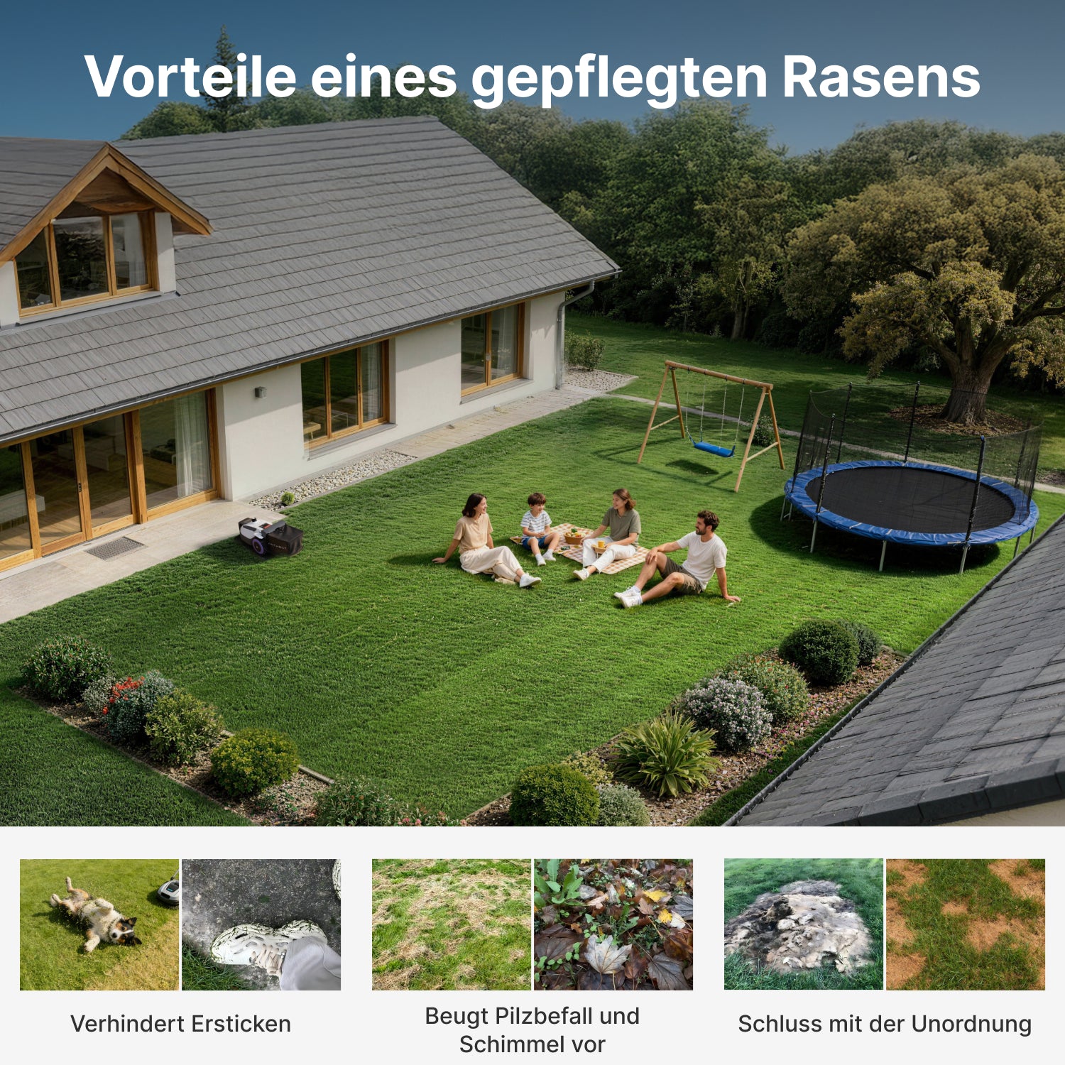 Familie entspannt auf einem gepflegten Rasen, während der ANTHBOT N8 LiDAR im Hintergrund für saubere und familienfreundliche Rasenpflege sorgt,scene