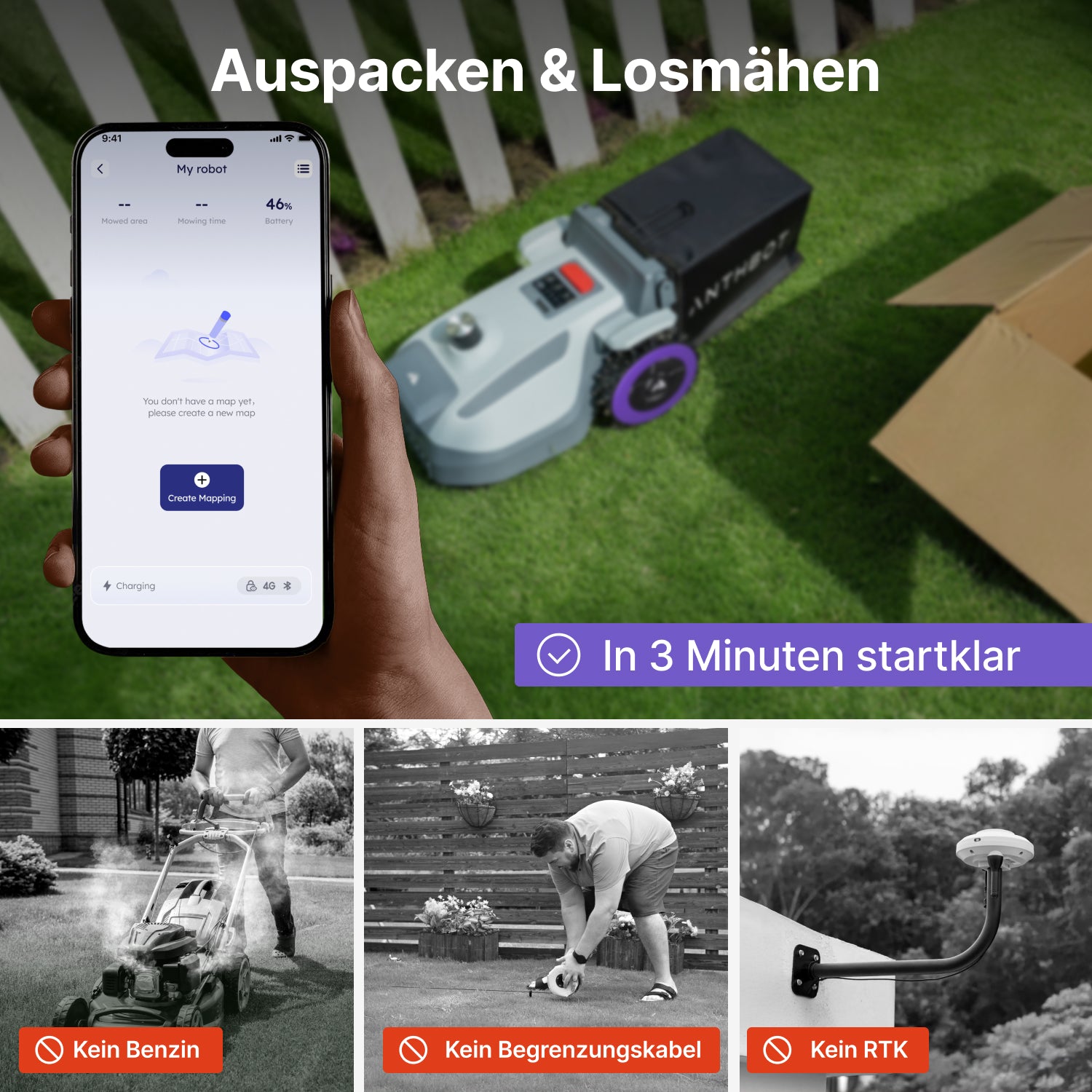Hand mit Smartphone vor dem ANTHBOT N8 LiDAR im Garten, startklar in 3 Minuten für kabelloses Drop & Mow,scene