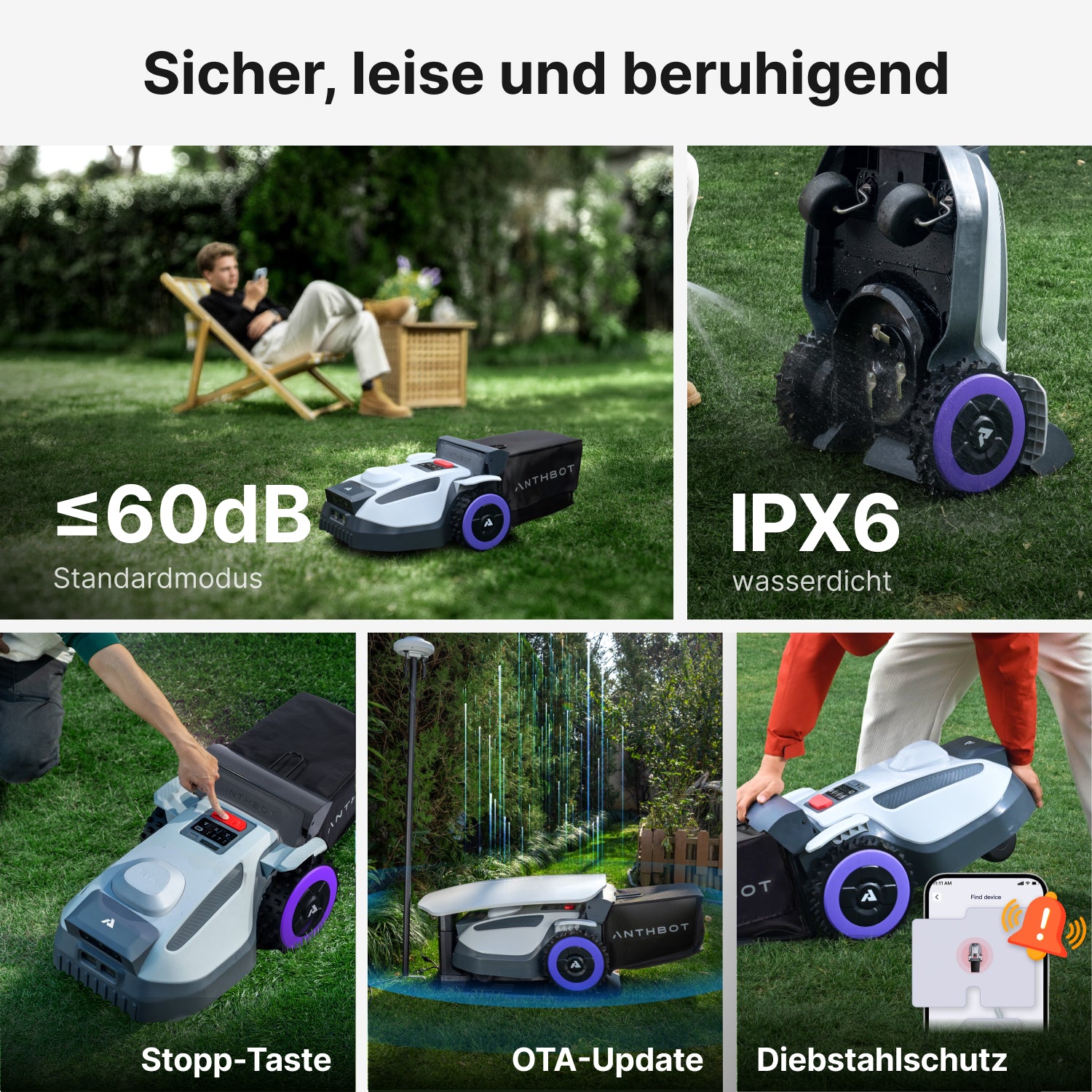 ANTHBOT N8 Rasenroboter mit leisem Betrieb bis 60 dB, IPX6-Schutz, OTA-Updates, Stopptaste und Diebstahlschutz für sicheres Mähen,scene