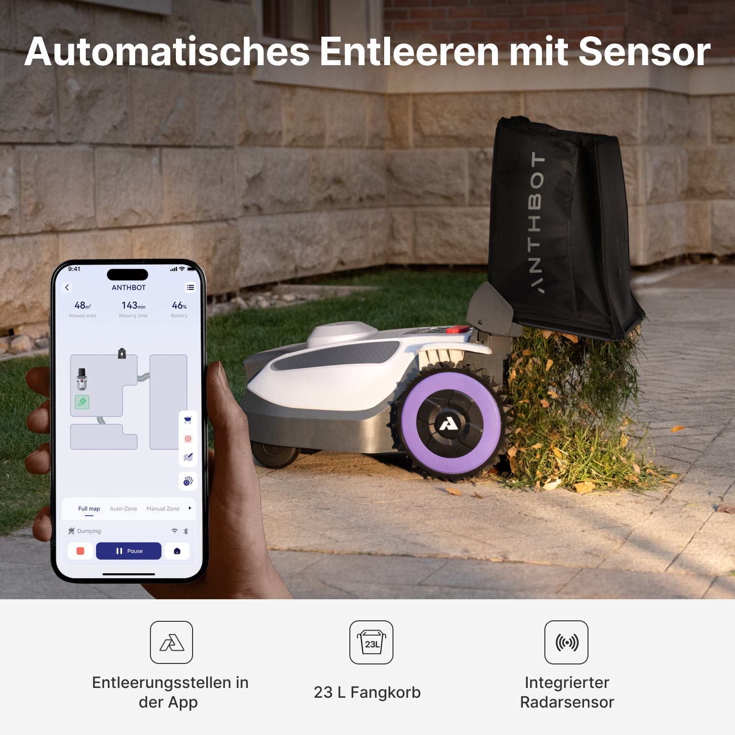 ANTHBOT N8 Rasenroboter mit automatischer Entleerung, App-Steuerung und 23-L-Fangkorb beim Ausleeren von Grasschnitt am Gartenrand,scene